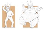  anthro belly belly_overhang buckteeth clothed clothing eyewear fur glasses hair human human_to_anthro lagomorph leporid love_handles male mammal moobs navel obese obese_male on_one_leg overweight overweight_male rabbit sequence solo species_transformation standing subakitsu teeth thick_thighs torn_clothing transformation weight_gain worried 
