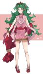  1girl absurdres bracelet braid closed_mouth cosplay dress fire_emblem fire_emblem:_mystery_of_the_emblem fire_emblem:_three_houses full_body green_eyes green_hair highres jewelry long_hair pink_dress pointy_ears ribbon_braid sakuuremi short_dress simple_background solo sothis_(fire_emblem) tiara tiki_(fire_emblem) tiki_(fire_emblem)_(cosplay) twin_braids 