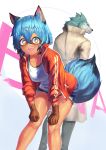  absurd_res anime anthro black_body black_fur black_hair blue_body blue_eyes blue_fur blue_hair brand_new_animal breasts brown_body brown_fur canid canine canis clothed clothing coat duo female fluffy fluffy_tail fur hair hi_res jacket looking_at_viewer male mammal michiru_kagemori multicolored_body multicolored_fur multicolored_hair open_mouth open_smile raccoon_dog shirou_ogami smile standing studio_trigger takuto5070 tanuki topwear white_body white_fur wolf 