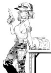  1girl bag breasts camouflage camouflage_pants character_request copyright_request eyewear_on_head gun hat headphones ihobus large_breasts no_bra pants short_hair sideboob sleeveless smile sunglasses table weapon 
