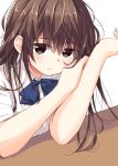  1girl arm_rest brown_eyes brown_hair commentary eyebrows_visible_through_hair highres long_hair matsuda_hikari original school_uniform solo white_background 