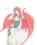  absurdres bangs bracelet celica_(fire_emblem) dragon_wings dress fire_emblem fire_emblem_echoes:_shadows_of_valentia green_shirt hand_on_ground highres horn jewelry looking_at_viewer red_eyes red_hair saiykik shirt white_dress wings 