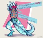  2020 animal_humanoid annoyed big_breasts blue_body blue_scales breasts choker clothing covering covering_crotch dialogue dragon dragon_humanoid female green_eyes hair hi_res horn humanoid jewelry necklace nipples red_hair scales sharkrags simple_background solo standing torn_clothing transformation 