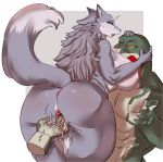  anthro anus big_breasts big_butt blush bodily_fluids breasts butt canid canine canis carsen cervina duo female fingering genitals hi_res male male/female mammal nipples pussy reptile scalie sweat vaginal vaginal_fingering wolf 