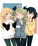  +++ 3girls :t anchovy_(girls_und_panzer) bangs barashiya black_hair black_pants black_ribbon blonde_hair blue_jacket blue_pants braid carpaccio_(girls_und_panzer) casual closed_eyes closed_mouth commentary drill_hair eating eyebrows_visible_through_hair facing_viewer food food_in_mouth girls_und_panzer green_eyes green_hair hair_ribbon highres holding holding_food holding_saucer jacket long_hair long_sleeves looking_at_viewer multicolored multicolored_background multiple_girls notice_lines open_mouth pants pepperoni_(girls_und_panzer) pizza raglan_sleeves ribbon shirt short_hair side-by-side side_braid smile standing twin_drills twintails white_shirt yellow_jacket 