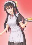  1girl alternate_costume anti_(untea9) apron black_dress black_hair breasts dress enmaided eyebrows_visible_through_hair frilled_apron frilled_dress frills gradient gradient_background hair_between_eyes hair_ribbon halterneck hamburger_steak highres holding holding_tray kantai_collection large_breasts long_hair looking_at_viewer maid maid_apron maid_dress maid_headdress multicolored_hair naganami_(kantai_collection) open_mouth pink_background pink_hair puffy_short_sleeves puffy_sleeves ribbon short_sleeves smile solo tray two-tone_hair waitress wavy_hair white_apron wrist_cuffs yellow_eyes yellow_ribbon 