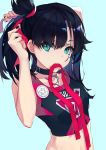  1girl aqua_background aqua_eyes badge black_choker black_hair black_nails black_tank_top choker commentary_request fumi_t204 hair_tie_in_mouth hairband hand_behind_head looking_at_viewer mary_(pokemon) mouth_hold navel pokemon pokemon_(game) pokemon_swsh red_hairband red_tank_top side_ponytail skinny tied_hair tying_hair 