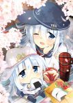  2girls anchor_symbol apple_bunny black_legwear black_sailor_collar black_skirt blue_eyes cherry_blossoms chibi commentary_request dual_persona eating flat_cap food hammer_and_sickle hat hibiki_(kantai_collection) highres hizuki_yayoi kantai_collection long_hair looking_at_viewer lying multiple_girls neckerchief on_stomach one_eye_closed onigiri pleated_skirt red_neckwear sailor_collar school_uniform serafuku silver_hair sitting skirt thermos thighhighs upper_body verniy_(kantai_collection) 