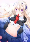  1girl azur_lane bangs black_gloves blue_cape blue_skirt blush bracelet breast_suppress breasts cape casablanca_(azur_lane) commentary_request crop_top dated dutch_angle elbow_gloves eyebrows_visible_through_hair gloves groin hair_between_eyes hair_ornament half_updo highres jewelry long_hair looking_at_viewer medium_breasts midriff mouth_hold navel necktie off_shoulder origami_aya pleated_skirt purple_eyes red_neckwear shirt shirt_lift sidelocks signature silver_hair simple_background skirt sleeveless sleeveless_shirt solo underboob upper_body white_shirt 