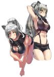  1girl absurdres all_fours animal_ears arknights arm_up armpits bangs bare_legs barefoot black_bikini_top black_scarf black_shorts blush breasts cat_ears cleavage eyebrows_visible_through_hair eyes_visible_through_hair hair_between_eyes hand_in_hair highres large_breasts long_hair looking_at_viewer midriff multiple_views navel parted_bangs ponytail scarf schwarz_(arknights) scrunchie shizuoxing_kof short_shorts shorts silver_hair simple_background solo strap striped striped_scarf suspender_shorts suspenders thighs white_background yellow_eyes 