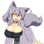  ahoge all_fours animal_humanoid big_breasts bottomwear breast_squish breasts canid canid_humanoid canine canine_humanoid cleavage clothed clothing collar cute_fangs female fluffy fluffy_hair fluffy_tail fully_clothed fur glistening glistening_body glistening_breasts glistening_skin grey_body grey_clothing grey_fur grey_hair grey_topwear hair hair_between_eyes huge_breasts humanoid inner_ear_fluff jacket light_skin looking_at_viewer mammal mammal_humanoid mudaikun nipple_outline open_mouth open_smile simple_background skirt smile solo squish tailwag tight_clothing topwear tube_top tuft white_background wolf_humanoid yellow_eyes 