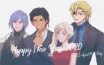  1girl 2020 3boys adz_lrp alternate_costume blonde_hair blue_eyes braid claude_von_riegan closed_mouth cup dark_skin dark_skinned_male dimitri_alexandre_blaiddyd drinking_glass earrings edelgard_von_hresvelg eyepatch fire_emblem fire_emblem:_three_houses formal green_eyes grin happy_new_year holding holding_cup jewelry long_hair long_sleeves multiple_boys necktie new_year parted_lips purple_eyes purple_hair short_hair side_ponytail simple_background single_braid smile suit upper_body white_hair wine_glass yuri_(fire_emblem) 