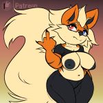  anthro arcanine areola big_breasts bottomwear breasts clothed clothing eyewear female finger_claws fur gesture glasses heterochromia middle_finger monotone_clothing navel nintendo orange_body orange_ears orange_fur pok&eacute;mon pok&eacute;mon_(species) raised_clothing raised_shirt softestpuffss solo video_games 