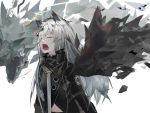  1girl animal_ears arknights bangs black_jacket closed_eyes commentary_request crying fangs grey_hair hair_between_eyes hair_ornament hairclip high_collar highres hzw3 jacket lappland_(arknights) long_hair mirror_image navel open_mouth scar scar_across_eye sword teeth weapon wolf_ears 