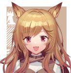  1girl :3 animal_ears arknights blue_shrimp blush breasts brown_hair ceobe_(arknights) choker cleavage eyebrows_visible_through_hair fang fox_ears happy long_hair looking_at_viewer open_mouth pink_eyes small_breasts smile solo upper_body 