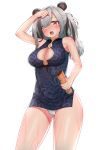  1girl animal_ears arknights armpit_peek bamboo bare_legs black_hair blue_dress blush breasts cameltoe china_dress chinese_clothes cleavage cleavage_cutout cowboy_shot deaver dress eyebrows_visible_through_hair fang feater_(arknights) hair_between_eyes hair_over_one_eye highres large_breasts looking_at_viewer medium_hair multicolored_hair open_mouth panda_ears panties pantyshot pantyshot_(standing) ponytail red_eyes short_dress side_slit silver_hair simple_background sleeveless sleeveless_dress solo standing streaked_hair sweat thighs two-tone_hair underwear white_background white_panties wiping_sweat 