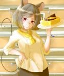  1girl absurdres alternate_costume animal_ears ascot bangs bracelet cake chef_uniform commentary_request cowboy_shot eyebrows_visible_through_hair food glint grey_hair grey_skirt grin gumi_(fwjn7284) hand_on_hip head_tilt highres holding holding_plate indoors jewelry kitchen long_sleeves looking_at_viewer mouse_ears nazrin pendant plate red_eyes short_hair skirt sleeves_rolled_up smile solo standing swept_bangs touhou yellow_neckwear 
