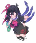  1girl ;q akagashi_hagane akanbe asymmetrical_wings black_dress black_hair black_legwear blue_wings commentary cowboy_shot cropped_legs dress hand_on_hip hand_up houjuu_nue leaning_forward looking_at_viewer one_eye_closed red_eyes red_neckwear red_wings short_dress short_hair short_sleeves snake solo thighhighs tomoe_(symbol) tongue tongue_out touhou white_background wings wristband 