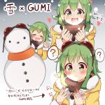  ? black_scarf blush closed_eyes coat commentary facing_viewer fur-trimmed_coat fur_trim goggles goggles_on_head green_eyes green_hair gumi heart highres looking_at_hand multiple_views pachio_(patioglass) red_goggles scarf short_hair_with_long_locks snowing snowman speech_bubble spoken_question_mark translated vocaloid waving yellow_coat 