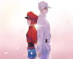  1boy 1girl absurdres back-to-back belt black_eyes blue_shrimp blush brown_eyes closed_mouth denim denim_shorts embarrassed eyebrows_visible_through_hair hat hataraku_saibou highres holding_hands long_sleeves looking_at_another messy_hair red_belt red_blood_cell_(hataraku_saibou) red_hair red_headwear short_hair short_sleeves shorts white_belt white_blood_cell_(hataraku_saibou) white_hair white_headwear 