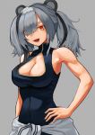  1girl animal_ears arknights armpit_peek black_hair blue_dress breasts china_dress chinese_clothes cleavage cleavage_cutout clothes_around_waist covered_navel cowboy_shot dress fang feater_(arknights) grey_background hair_between_eyes hair_over_one_eye hand_on_hip highres large_breasts looking_at_viewer medium_hair multicolored_hair open_mouth panda_ears red_eyes silver_hair simple_background sleeveless sleeveless_dress smile solo streaked_hair sweater_around_waist twintails two-tone_hair yakupan 
