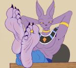  5_toes ambiguous_gender anthro armband beerus clothed clothing digit_ring domestic_cat dragon_ball dragon_ball_super ear_piercing ear_ring felid feline felis foot_focus hairless hairless_cat jewelry mammal piercing ring solo sphynx_(cat) toe_ring toes topless yellow_sclera zp92 