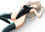  1girl absurdres black_hairband black_legwear closed_mouth corrin_(fire_emblem) corrin_(fire_emblem)_(female) fire_emblem fire_emblem_fates hairband highres humi_simoya long_hair lying on_back one-piece_swimsuit pointy_ears red_eyes solo swimsuit thighhighs white_hair 