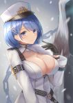  1girl armband azur_lane black_gloves blue_eyes blue_hair blush breasts chain chapayev_(azur_lane) cleavage closed_mouth coat cowboy_shot eyebrows_visible_through_hair eyes_visible_through_hair gloves grey_background hair_ornament hat jori large_breasts long_sleeves looking_at_viewer military military_hat military_uniform mole mole_on_breast short_hair simple_background smile snow solo uniform white_coat white_headwear 