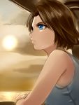  1girl blue_eyes breasts brown_hair closed_mouth frown jill_valentine nagare resident_evil resident_evil_3 short_hair solo sun 