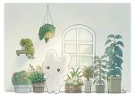  ayu_(mog) border bunny closed_mouth daisy flower green_background hand_up indoors ivy mixed-language_commentary no_humans original plant pot potted_plant red_flower red_rose rose signature standing white_border white_flower window 