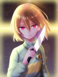  1other bangs brown_hair chara_(undertale) commentary expressionless glowing highres holding holding_knife holding_weapon jewelry knife looking_at_viewer necklace red_eyes sweater undertale upper_body weapon yuupontan. 