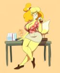  akaunkel animal_crossing anthro beverage big_breasts big_butt blush breasts butt canid canine canis cleavage clothed clothing desk domestic_dog female fur furniture hair hi_res isabelle_(animal_crossing) mammal nintendo shih_tzu simple_background smile solo toy_dog video_games wide_hips yellow_body yellow_fur 