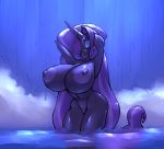  anthro bathing big_breasts bigdad breasts equid eyes_closed female fur hair hair_over_eye hands_behind_head horn huge_breasts idw_publishing long_hair mammal my_little_pony my_little_pony_(idw) nightmare_rarity_(idw) nipples nude one_eye_obstructed partially_submerged purple_body purple_fur purple_hair solo unicorn waterfall 