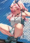  1girl adjusting_hair arm_up armpits azur_lane bangs blue_sky blush breasts bremerton_(azur_lane) bremerton_(scorching-hot_training)_(azur_lane) chain-link_fence cleavage closed_mouth commentary_request crop_top crop_top_overhang ear_piercing fence green_footwear hair_between_eyes hair_ornament head_tilt heart heart_necklace highres large_breasts midriff mole mole_under_eye multicolored_hair piercing pink_hair red_eyes shirt sidelocks sitting skirt sky sleeveless sleeveless_shirt smile sportswear squatting streaked_hair sweat tennis_uniform thighs two-tone_shirt two-tone_skirt two_side_up white_skirt wristband x_hair_ornament yappen 