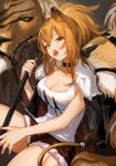  1girl arknights breasts brown_eyes brown_hair candy cape choker cleavage collarbone eyebrows_visible_through_hair eyes_visible_through_hair food fur_trim hair_between_eyes lion lollipop nima_(niru54) ponytail scar short_shorts shorts siege_(arknights) solo white_tank_top 