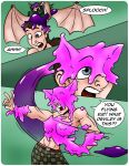  anthro blue_eyes breast_growth brown_hair chiropteran comic dialogue female gender_transformation goo_transformation hair hi_res human human_to_humanoid humanoid kilt mammal mtf_transformation naga_(artist) nipples open_mouth rubber species_transformation surprise tharkis transformation 