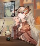  1girl alternate_costume arknights bangs brown_jacket casual chinese_commentary commentary_request cup disposable_cup drinking_straw earrings frappuccino ghooost hair_between_eyes hands_up head_tilt highres horns ifrit_(arknights) indoors interlocked_fingers jacket jewelry long_hair long_sleeves looking_at_viewer open_clothes open_jacket orange_eyes own_hands_together saria_(arknights) silver_hair solo starbucks stud_earrings table upper_body 