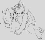  2020 4_toes ambiguous_gender anonymous_artist anthro canid canine canis claws digital_media_(artwork) duo embrace fingers fur hi_res holding_thigh lying mammal on_back pawpads teeth toes tongue wolf 