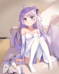  1girl absurdres ahoge azur_lane bangs bare_shoulders blush breasts cleavage collarbone commentary_request couch detached_sleeves dress eyebrows_visible_through_hair frown hair_bun hair_ornament hair_ribbon highres long_hair long_sleeves looking_at_viewer medium_breasts no_shoes on_couch one_side_up purple_eyes purple_hair ribbon side_bun sitting solo stuffed_animal stuffed_toy unicorn unicorn_(azur_lane) white_dress white_sleeves zeroillya 