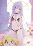  1girl black_choker blue_eyes blurry blurry_background blurry_foreground blush breasts cellphone character_doll choker commentary_request curtain_grab curtains food_print hair_between_eyes highres honkai_(series) honkai_impact_3rd hymxiaocyan indoors jewelry keychain long_hair navel necklace off_shoulder phone silver_hair sitting small_breasts smartphone smile solo star star_necklace star_print strawberry_print theresa_apocalypse thighhighs underwear underwear_only very_long_hair white_legwear window 