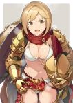  1girl bikini blonde_hair blush breasts brown_eyes cape cleavage cowboy_shot djeeta_(granblue_fantasy) gauntlets gladiator granblue_fantasy grey_background headwear_removed helmet helmet_removed highres hinami_(hinatamizu) holding holding_helmet loincloth looking_at_viewer medium_breasts navel open_mouth red_scarf scarf shield short_hair simple_background solo steaming_body stomach sweat swimsuit v-shaped_eyebrows white_bikini 