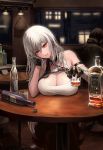  1boy 1girl alcohol arm_strap arm_support azur_lane bandaged_arm bandages bangs bar bare_shoulders black_gloves black_hair bottle breast_rest breasts ceiling cleavage collarbone crossed_legs cup gloves hair_between_eyes head_tilt highres holding holding_cup indoors large_breasts long_hair looking_at_viewer parted_lips red_eyes saikoro_(et1312) silver_hair sitting smile solo_focus sovetskaya_rossiya_(azur_lane) tank_top whiskey 