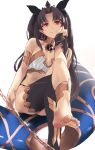  1girl anklet armlet asymmetrical_legwear asymmetrical_sleeves bangs barefoot black_bikini_bottom black_bow black_hair bow breasts bridal_gauntlets chain closed_mouth crossed_legs den_(kur0_yuki) detached_collar detached_sleeves earrings fate/grand_order fate_(series) feet gold_trim hair_bow heavenly_boat_maanna hoop_earrings ishtar_(fate)_(all) ishtar_(fate/grand_order) jewelry legs long_hair looking_at_viewer medium_breasts neck_ring parted_bangs red_eyes simple_background single_detached_sleeve single_thighhigh sitting smile solo thighhighs tiara toes two_side_up weapon white_background white_bikini_top 