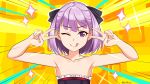  1girl bangs bare_shoulders black_bow black_dress blush bow breasts closed_mouth collarbone double_v dress emotional_engine_-_full_drive fate/grand_order fate_(series) flat_chest hair_bow hands_up helena_blavatsky_(fate/grand_order) highres licking_lips looking_at_viewer one_eye_closed parody purple_eyes purple_hair short_hair smile solo sparkle strapless strapless_dress tongue tongue_out v yellow_background zedxxx 