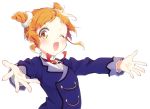  1girl ;d aikatsu! aikatsu!_(series) aizaki_(aizkaizk) arisugawa_otome blue_jacket blush brooch commentary double_bun eyebrows_visible_through_hair jacket jewelry long_sleeves looking_at_viewer one_eye_closed open_mouth orange_hair outstretched_arms school_uniform sidelocks simple_background smile solo spread_arms starlight_academy_uniform upper_body white_background yellow_eyes 