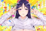  1girl absurdres artist_request bangs blush breasts clothes_lift confetti double_v emotional_engine_-_full_drive fate/grand_order fate_(series) flower hair_between_eyes hands_up highres huge_filesize large_breasts long_hair long_sleeves looking_at_viewer minamoto_no_raikou_(fate/grand_order) out-of-frame_censoring parody parted_bangs parted_lips purple_eyes purple_hair ribbed_sweater rose smile solo sparkle sunburst sunburst_background sweater sweater_lift turtleneck turtleneck_sweater v very_long_hair white_sweater yellow_background 