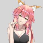  1girl ahoge animal_ear_fluff animal_ears black_bra bra breasts brushing_teeth cleavage closed_mouth collarbone fate/extra fate_(series) fox_ears grey_background half-closed_eyes head_tilt highres kamehito long_hair looking_at_viewer medium_breasts pink_hair shiny shiny_hair sideboob simple_background sleeveless solo tamamo_(fate)_(all) tamamo_no_mae_(fate) underwear upper_body yellow_eyes 