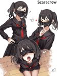  1girl ark_john_up black_hair black_serafuku character_name covered_eyes english_commentary finger_to_mouth girls_frontline hand_on_hip long_sleeves looking_at_viewer mask mouth_mask neckerchief open_mouth pleated_skirt red_neckwear sangvis_ferri scarecrow_(girls_frontline) school_uniform serafuku shushing simple_background skirt surgical_mask tongue tongue_out twintails white_background yellow_eyes 