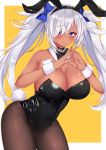  1girl animal_ears bare_shoulders black_leotard blue_bow blue_eyes bow bowtie breasts brown_legwear bunny_ears bunnysuit choker cleavage commentary_request cowboy_shot dark_skin detached_collar fake_animal_ears hair_bow highres large_breasts leotard long_hair looking_at_viewer original own_hands_together pantyhose rokita silver_hair smile solo steepled_fingers twintails wrist_cuffs 