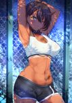  1girl ;) ahoge araimooah armpits arms_up azur_lane baltimore_(after-school_ace)_(azur_lane) baltimore_(azur_lane) bikini_tan black_choker black_hair black_shorts blush boyshorts braid breasts chain-link_fence choker closed_mouth commentary_request cowboy_shot fence large_breasts looking_at_viewer navel one_eye_closed short_hair shorts smile solo sports_bra stomach stretch sweat tan tanline tattoo underboob yellow_eyes 